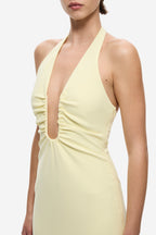 Lemon yellow halter maxi dress with ruched bodice and circular neckline cutout