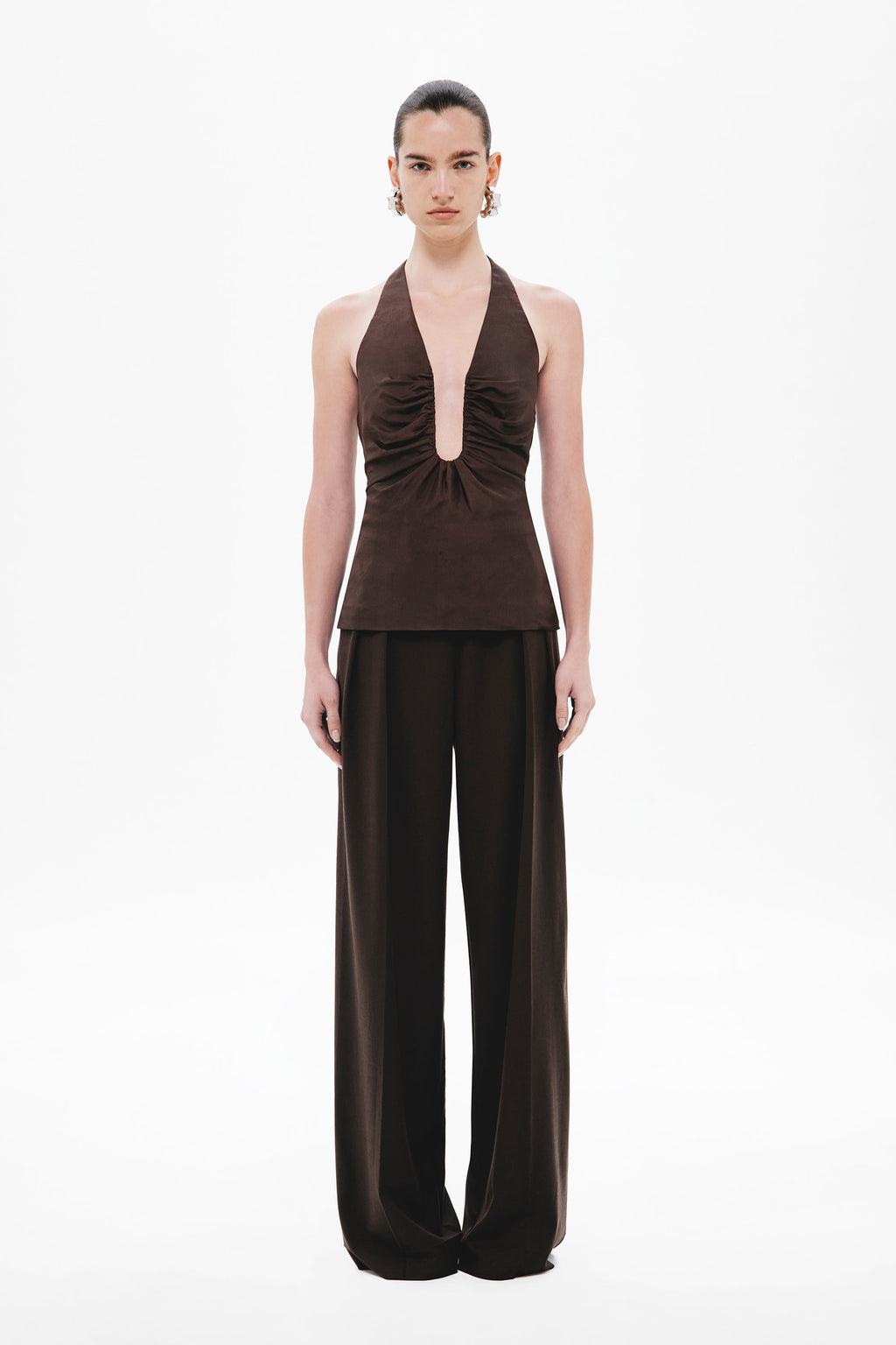 Dark brown halter silk peplum top with V keyhole neckline, sleeveless