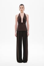 Dark brown halter silk peplum top with V keyhole neckline, sleeveless