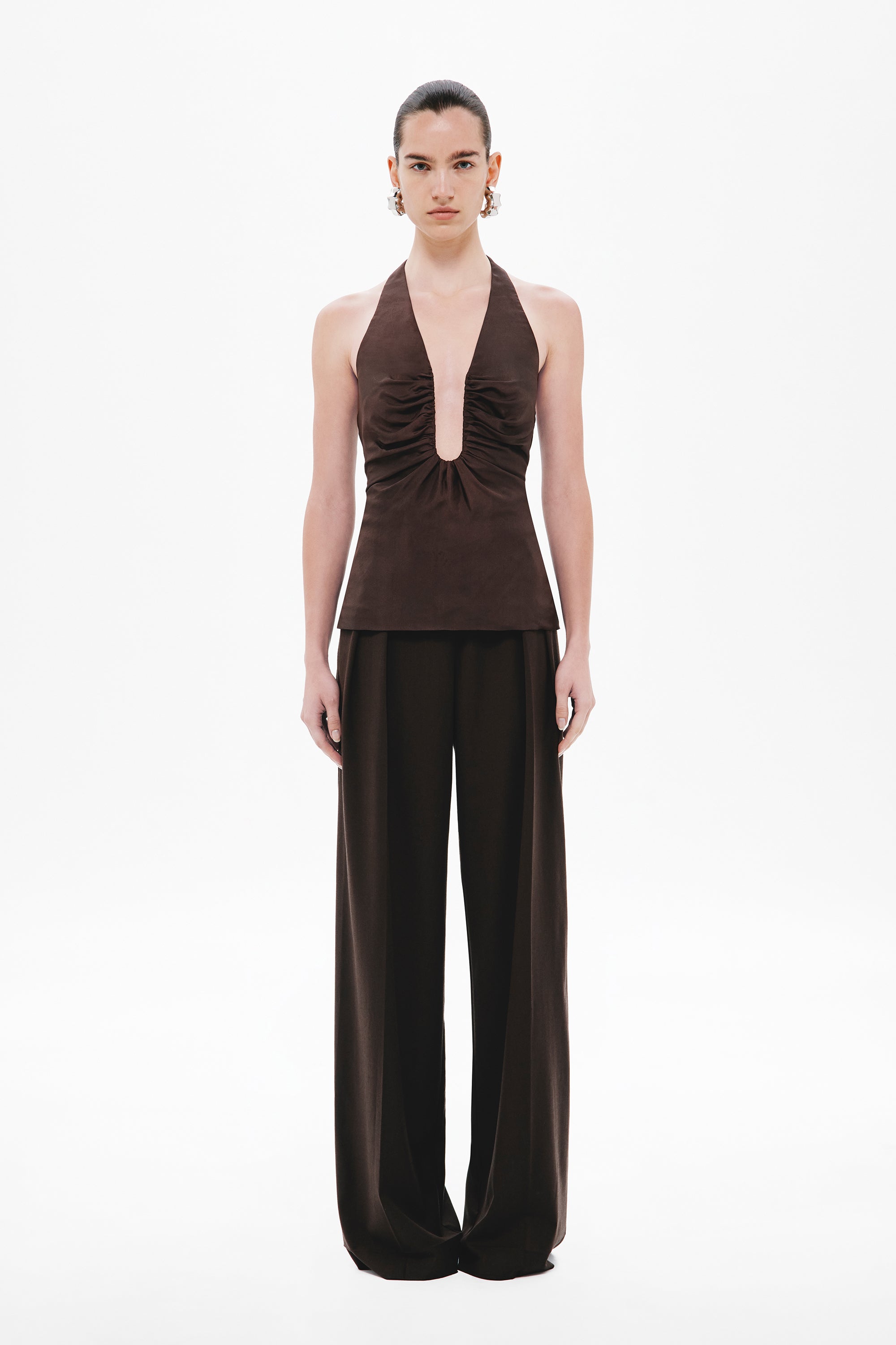 Dark brown halter silk peplum top with V keyhole neckline, sleeveless
