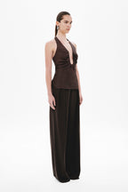 Chocolate halter silk top with ruched neckline and fitted waist, sleeveless
