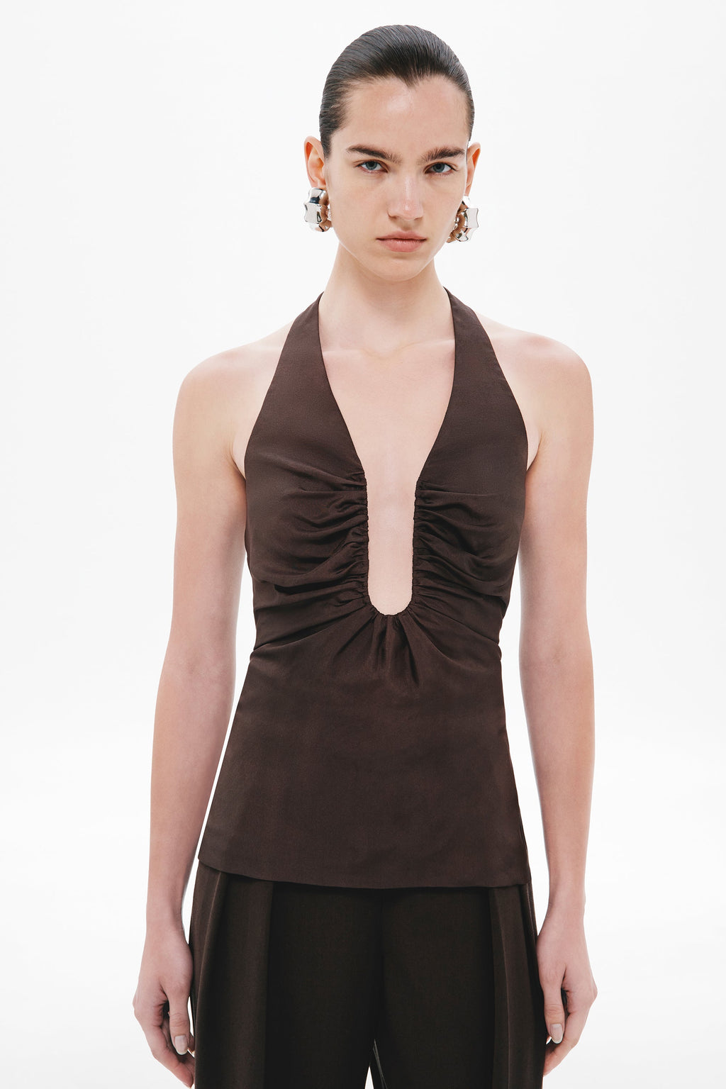 Dark brown halter silk top with V keyhole neckline and ruched waist seam
