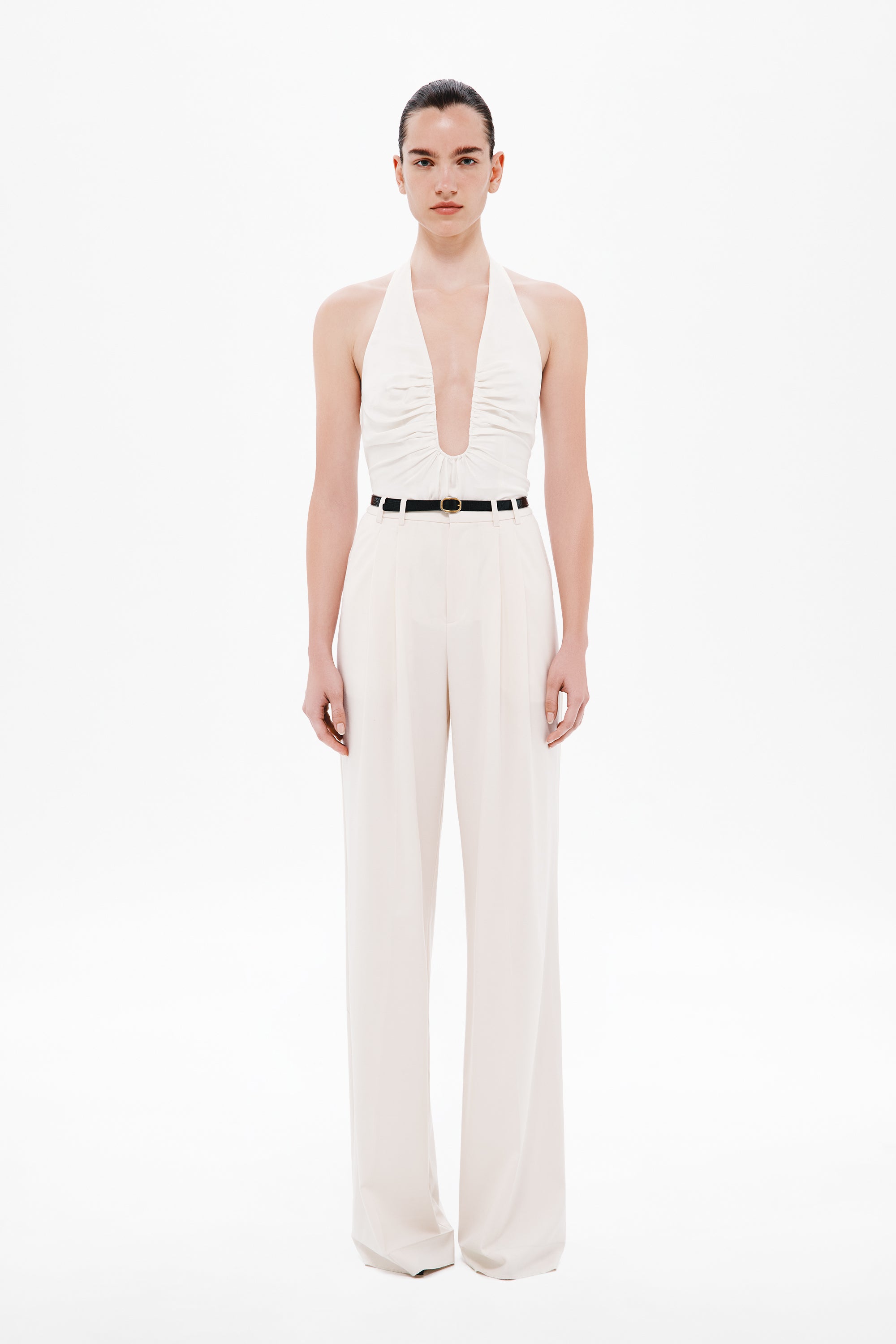 Off-white silk halter top with keyhole V front and gathered neckline