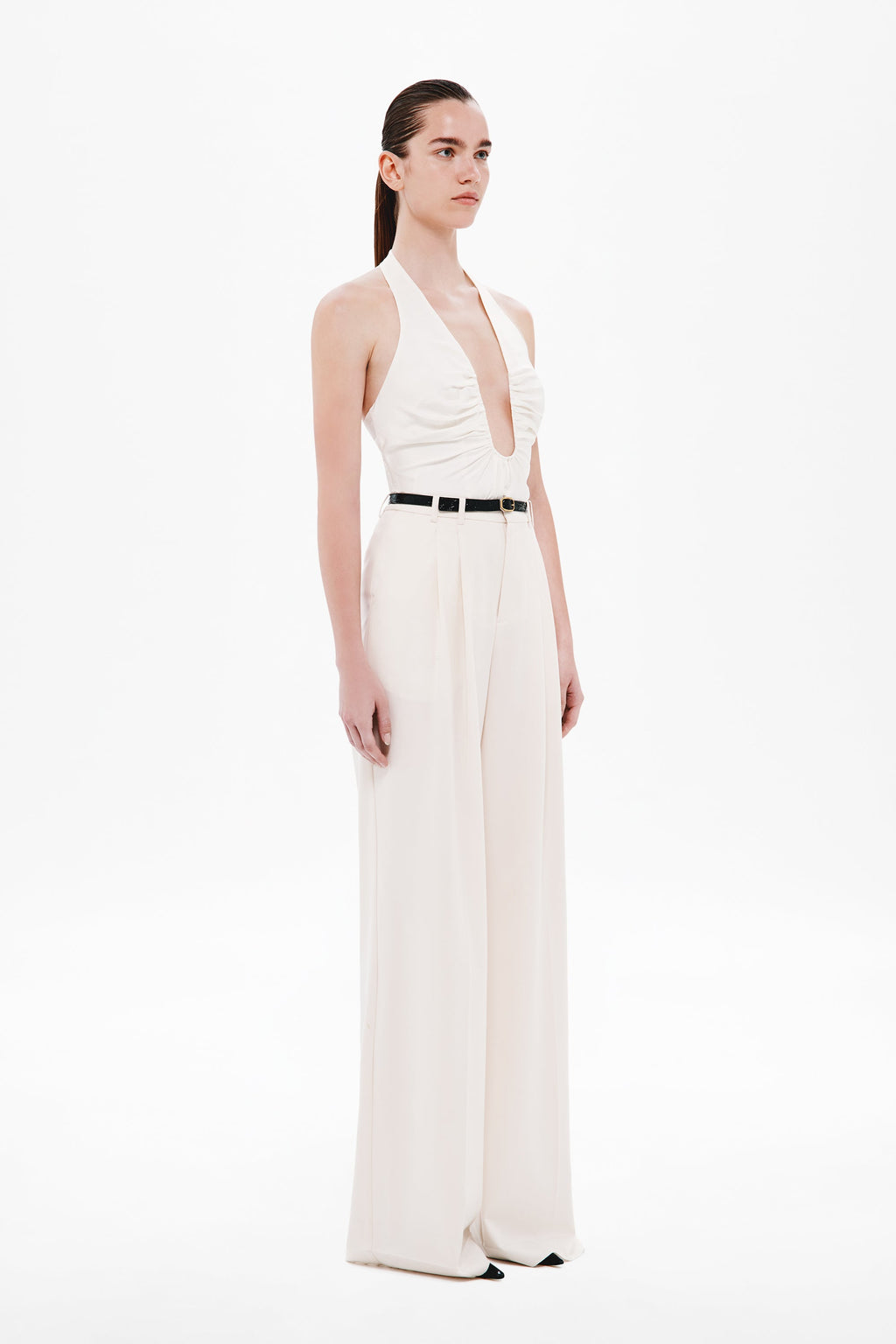 Off-white silk halter top with keyhole V front and gathered side seams