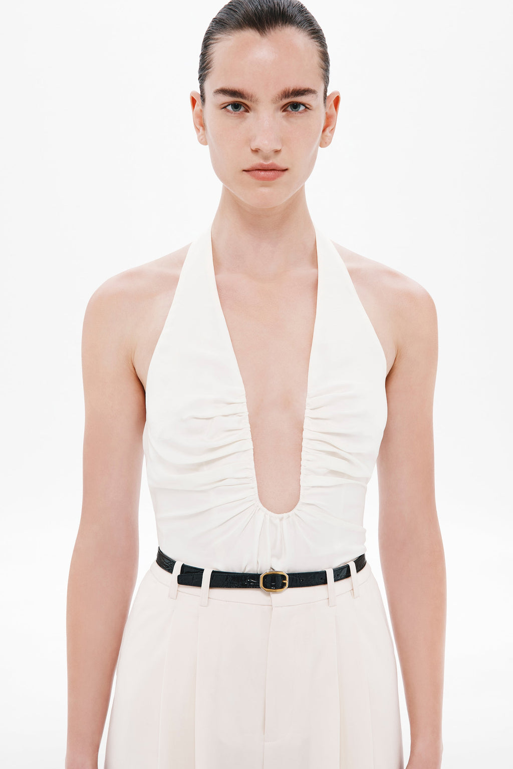 Off-white silk halter bodice top with keyhole V front, sleeveless