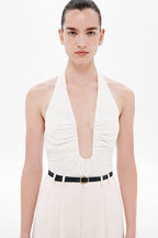 Off-white silk halter bodice top with keyhole V front, sleeveless