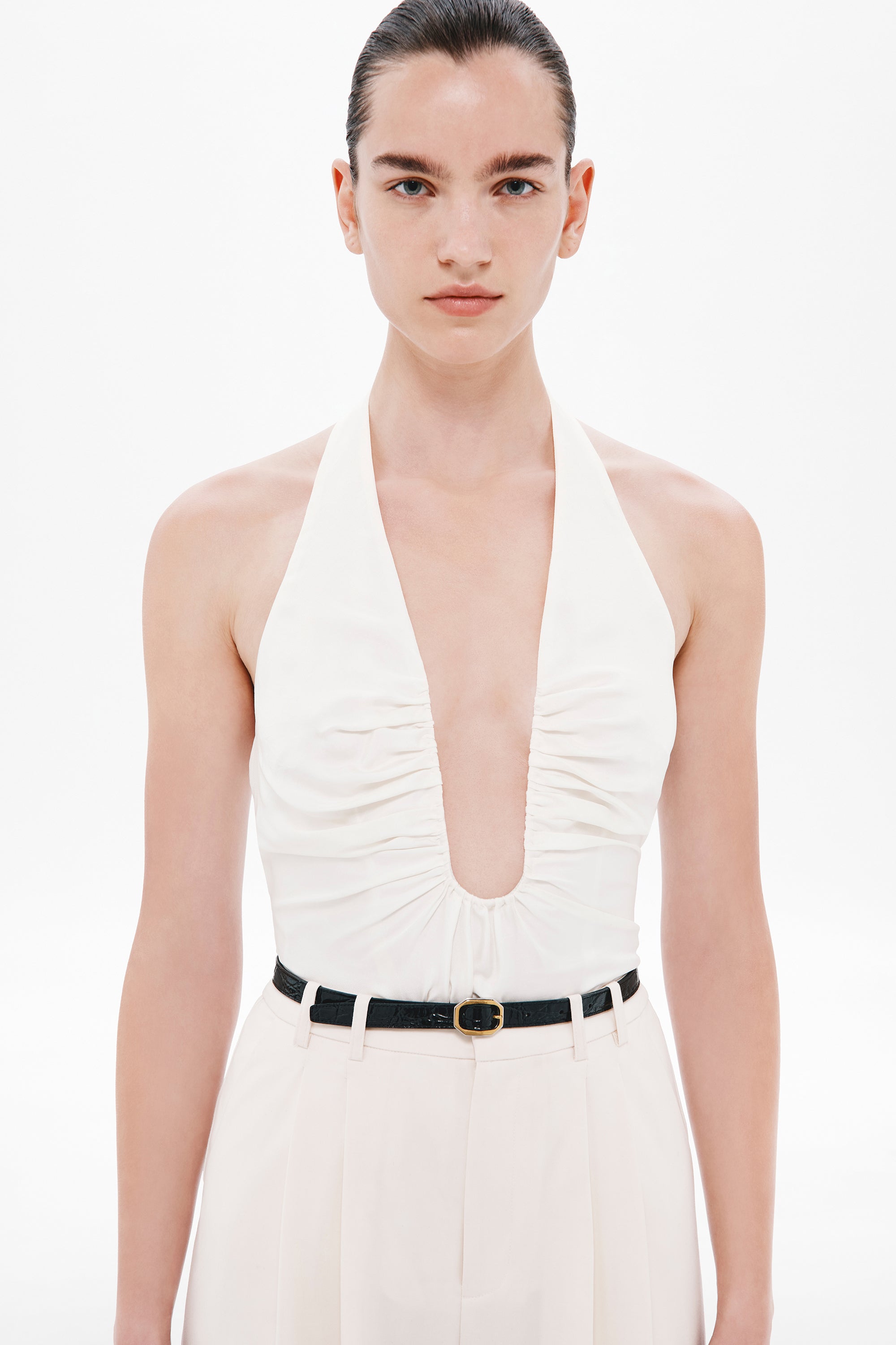 Off-white silk halter bodice top with keyhole V front, sleeveless