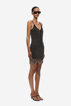 Black beaded crochet mini dress, sleeveless spaghetti straps, V-neck and beaded fringe hem
