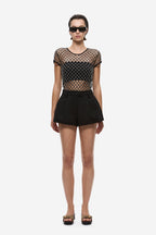 Black crocheted beaded cropped tee, short sleeves, round neck, chain pattern.