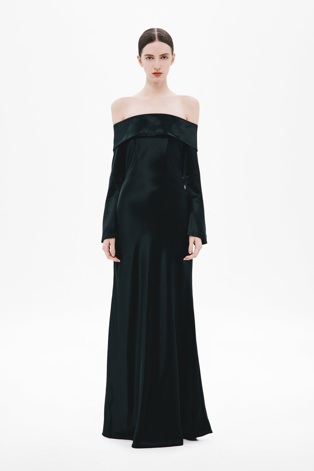 Dark satin off-shoulder maxi dress with long sleeves, model front