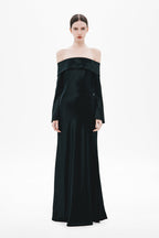 Dark satin off-shoulder maxi dress with long sleeves, model front