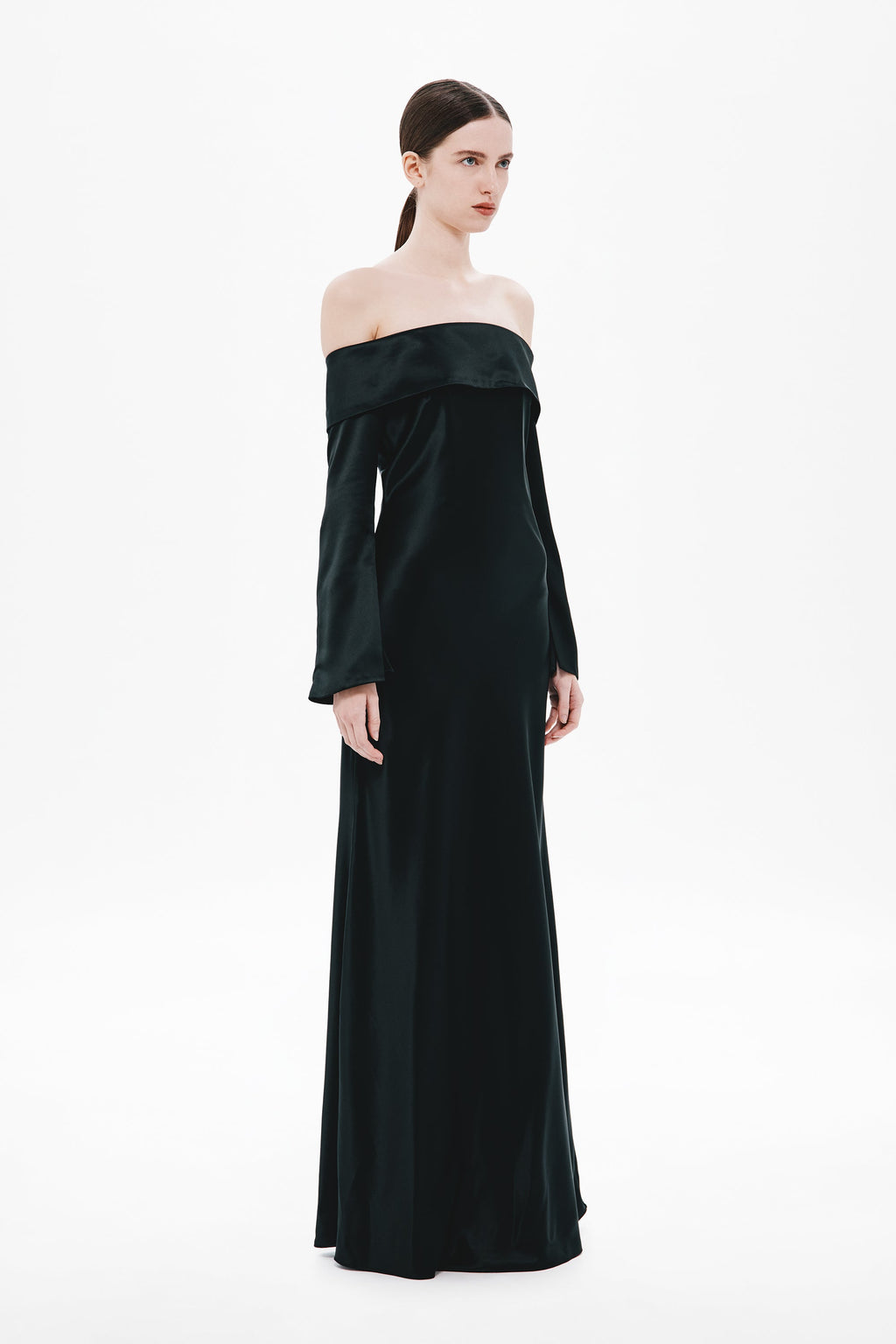 Dark satin off-shoulder maxi dress with long sleeves, back view
