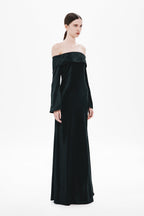 Dark satin off-shoulder maxi dress with long sleeves, back view