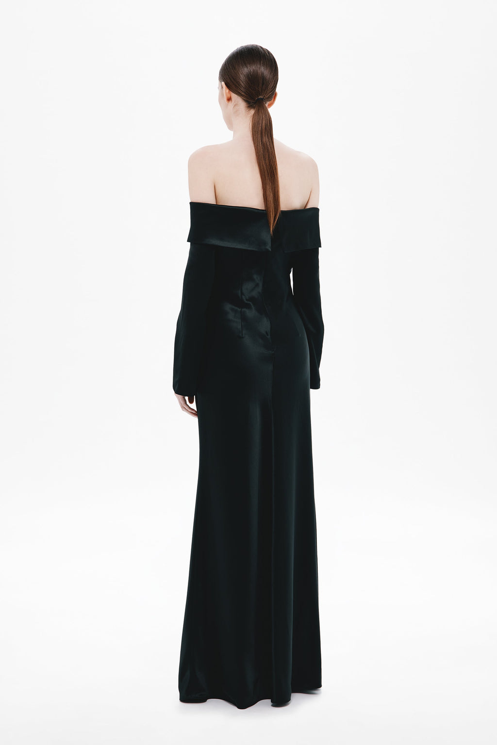 Dark satin off-shoulder maxi dress, exposed back detail, long sleeves