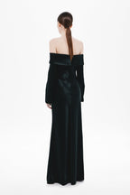 Dark satin off-shoulder maxi dress, exposed back detail, long sleeves