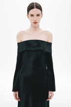 Dark satin off-shoulder neckline maxi dress, front close-up