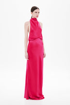 Cerise satin halter maxi dress with cowl neck and side slit hem