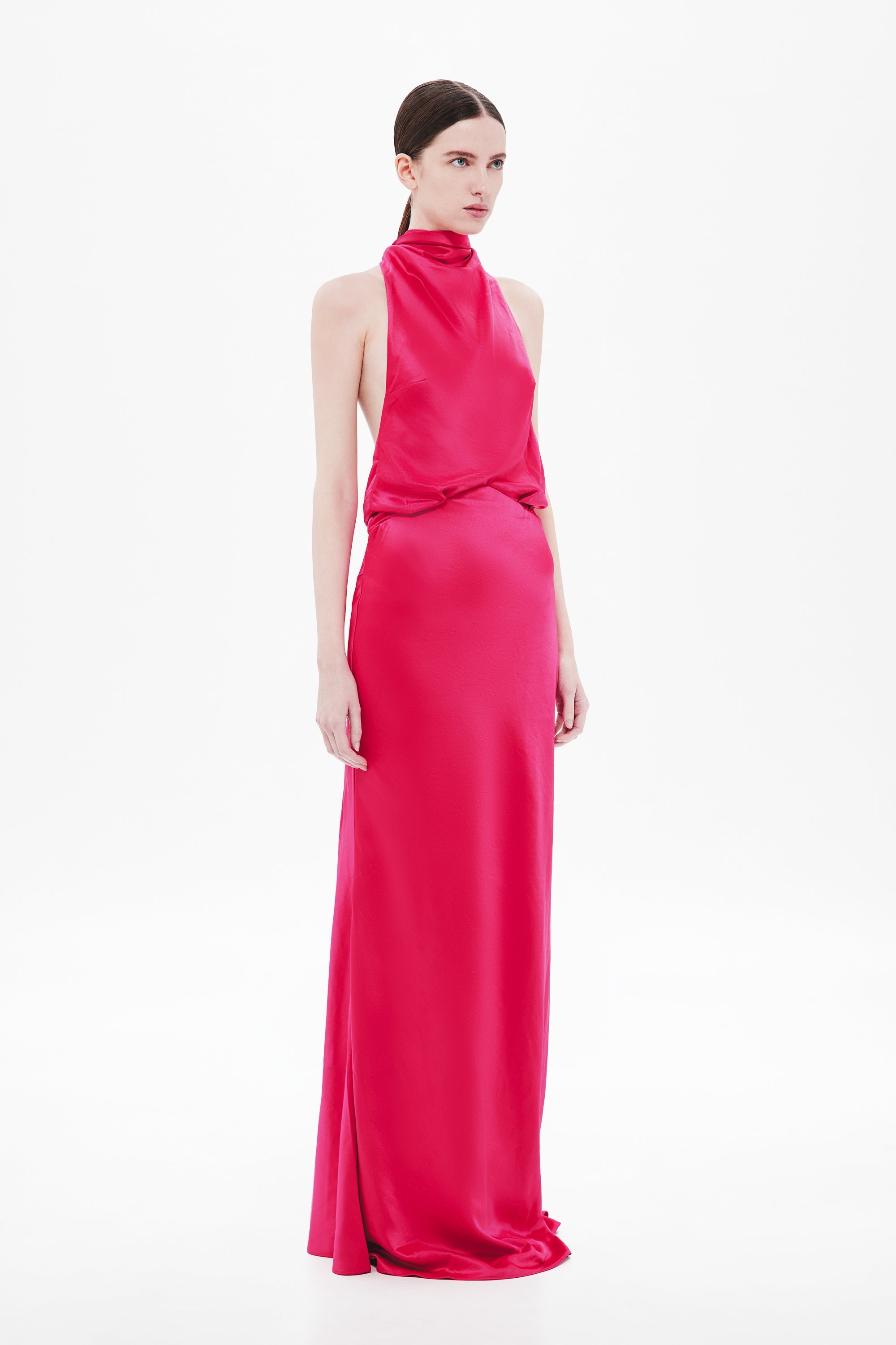 Cerise satin halter maxi dress with cowl neck and side slit hem