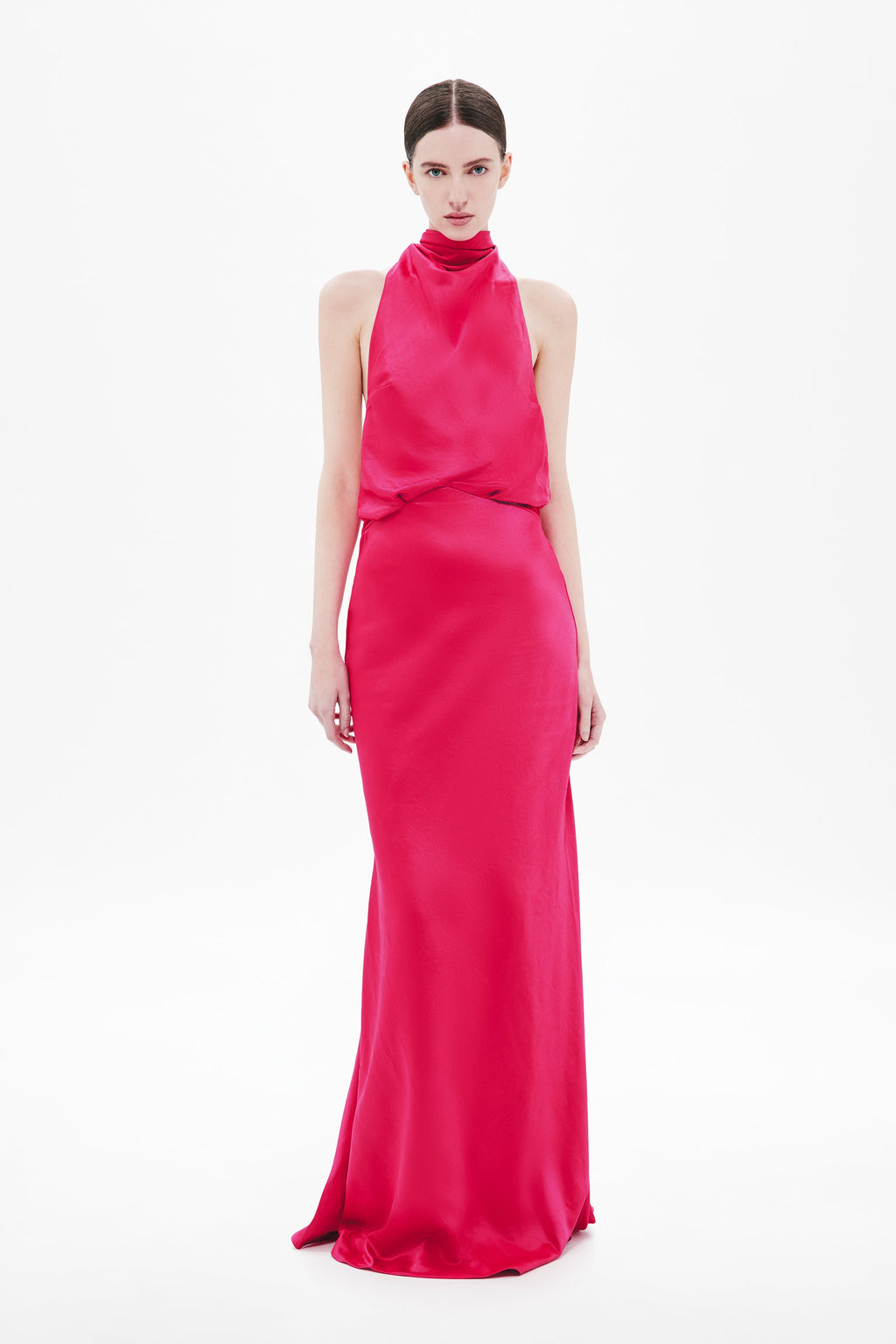 Cerise satin halter maxi dress with draped neckline and fitted waist