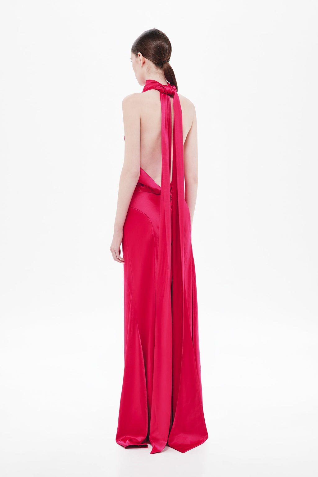 Cerise satin halter maxi dress, open-back with bow at upper back