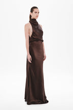 Chocolate satin halter dress front with twisted high collar and fitted skirt