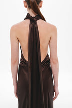 Chocolate satin open-back halter dress with long neck tie and gathered back