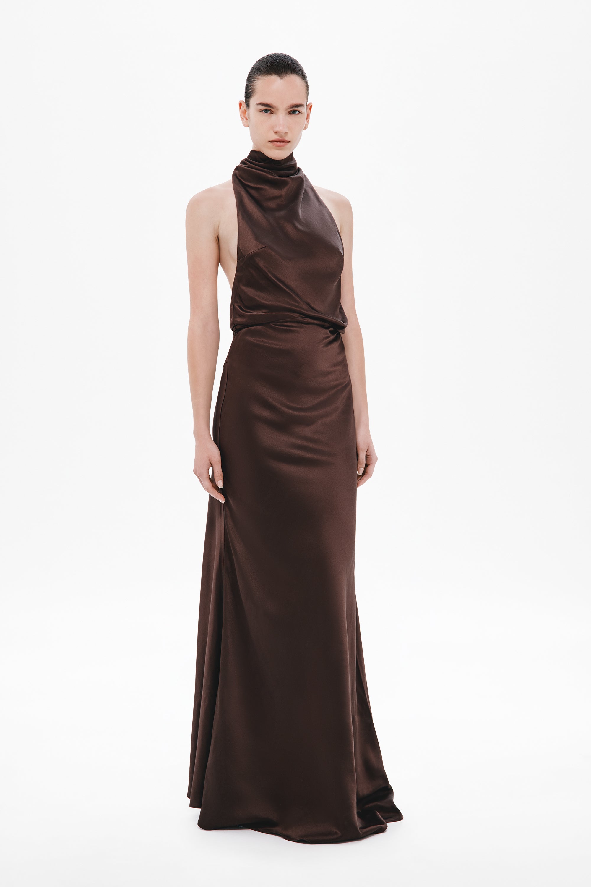 Chocolate satin halter dress with high neck and draped fitted silhouette