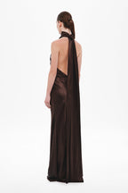 Chocolate satin halter dress back view with open back and neck tie