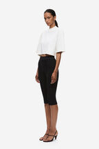 Black crepe capri pants, slim fit, mid-rise waist, straight ankle-length leg