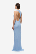 Cornflower blue backless halter draped maxi dress, side view