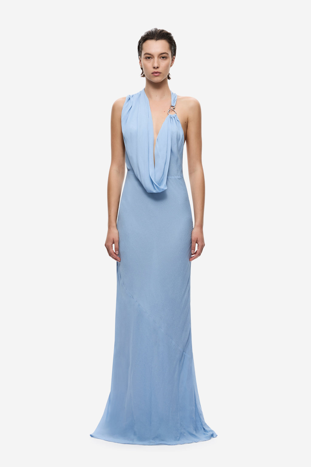 Cornflower blue draped halter maxi dress with deep V neckline