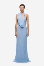 Cornflower blue draped halter maxi dress with deep V neckline