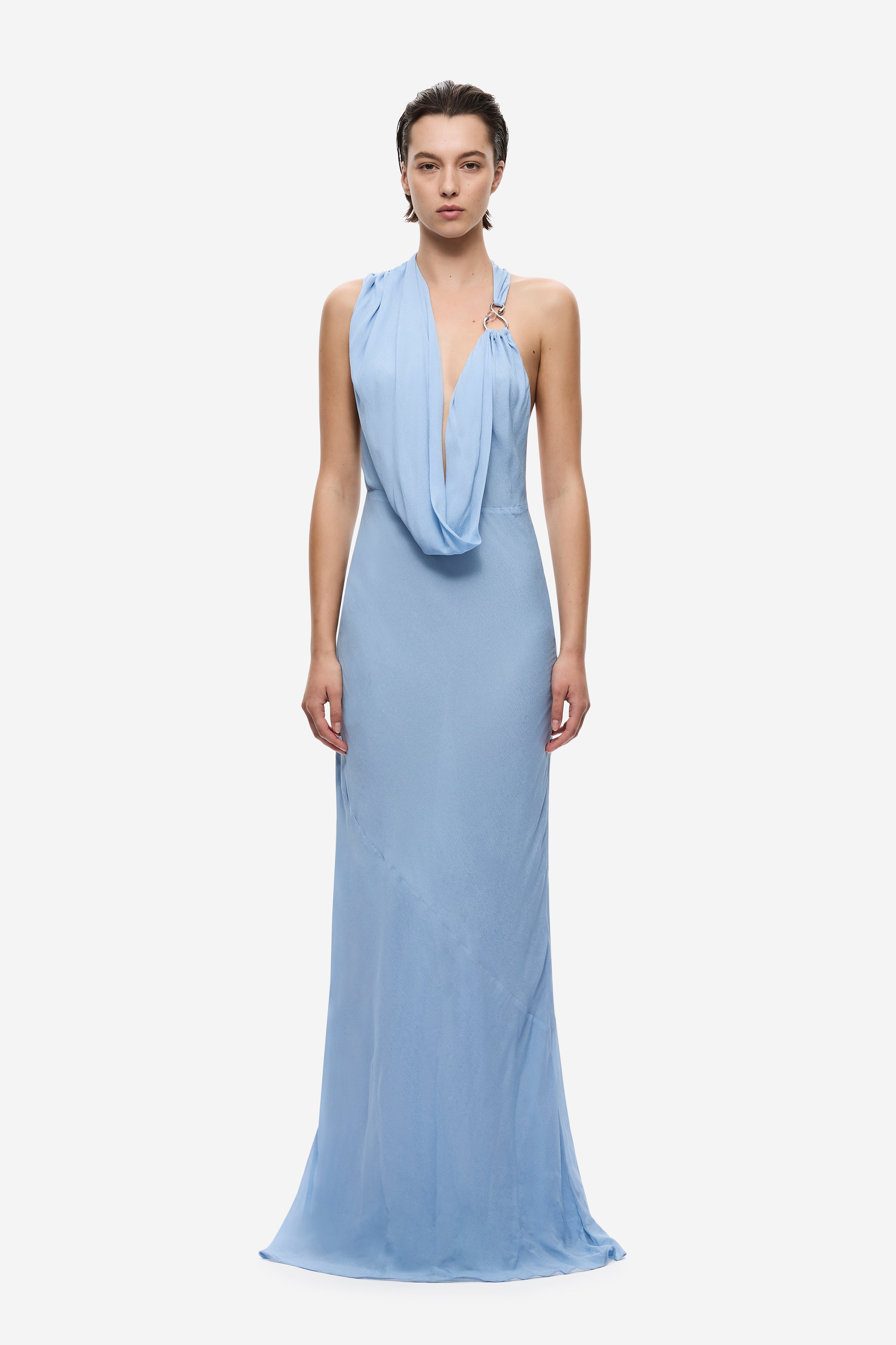Cornflower blue draped halter maxi dress with deep V neckline