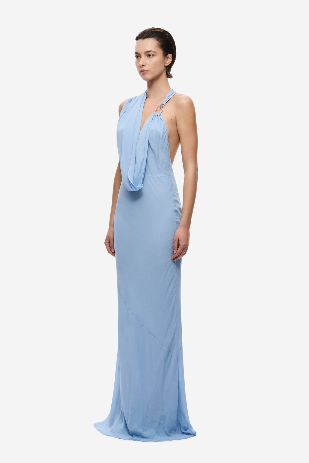 Cornflower blue draped halter maxi dress with gathered neckline