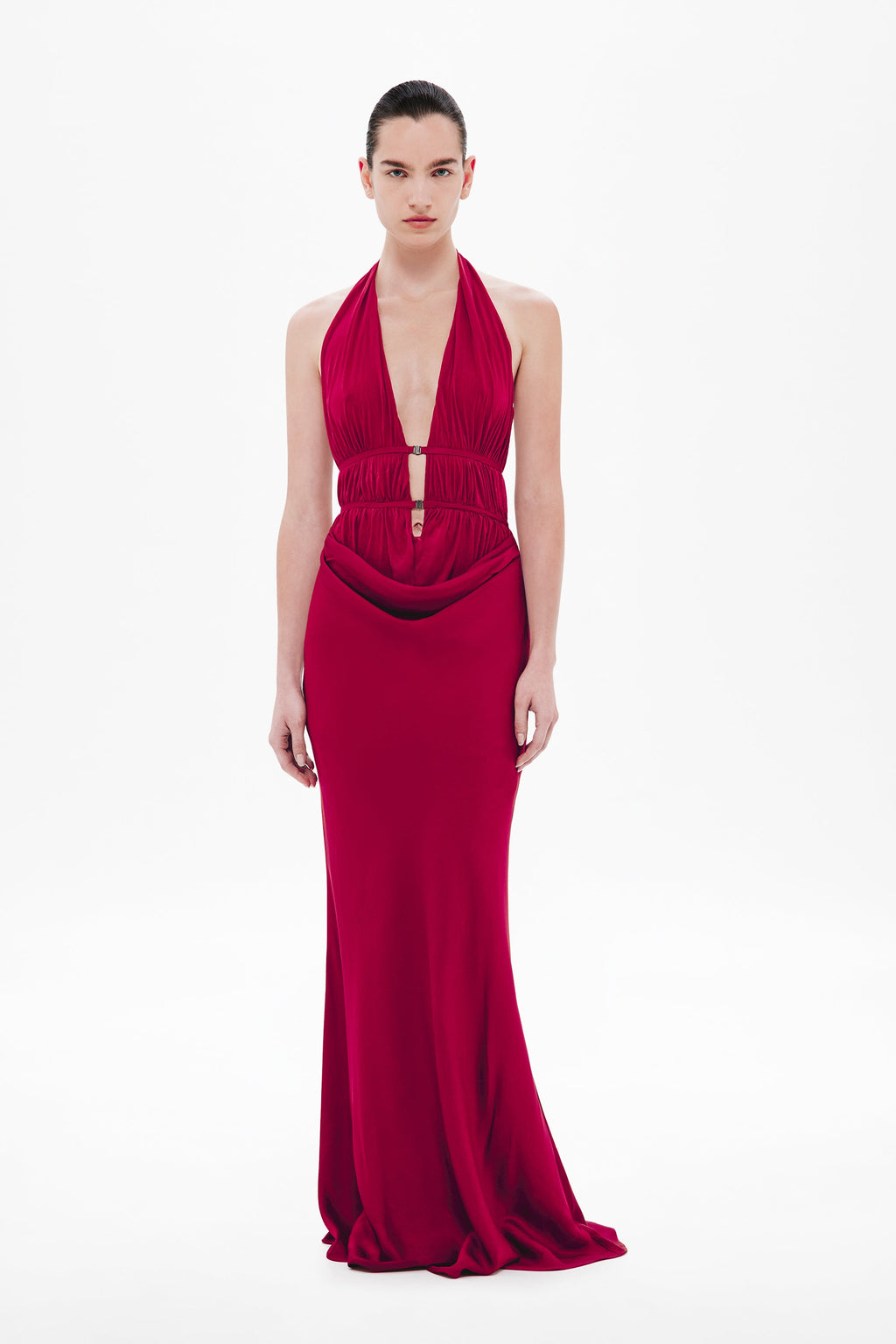 Celine satin halter maxi dress in jester red, cowl neckline, ruched waist