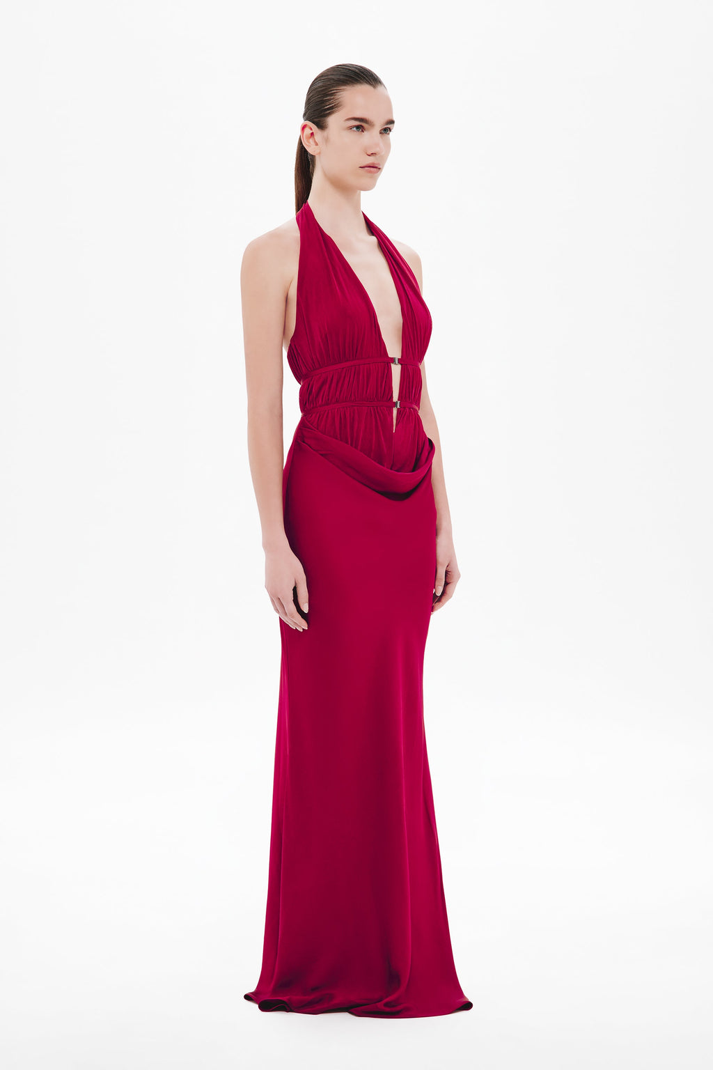 Celine satin halter maxi dress, jester red, draped cowl front and gathered waist