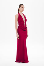 Celine satin halter maxi dress, jester red, draped cowl front and gathered waist