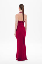 Celine satin halter maxi dress, jester red, open back with halter tie