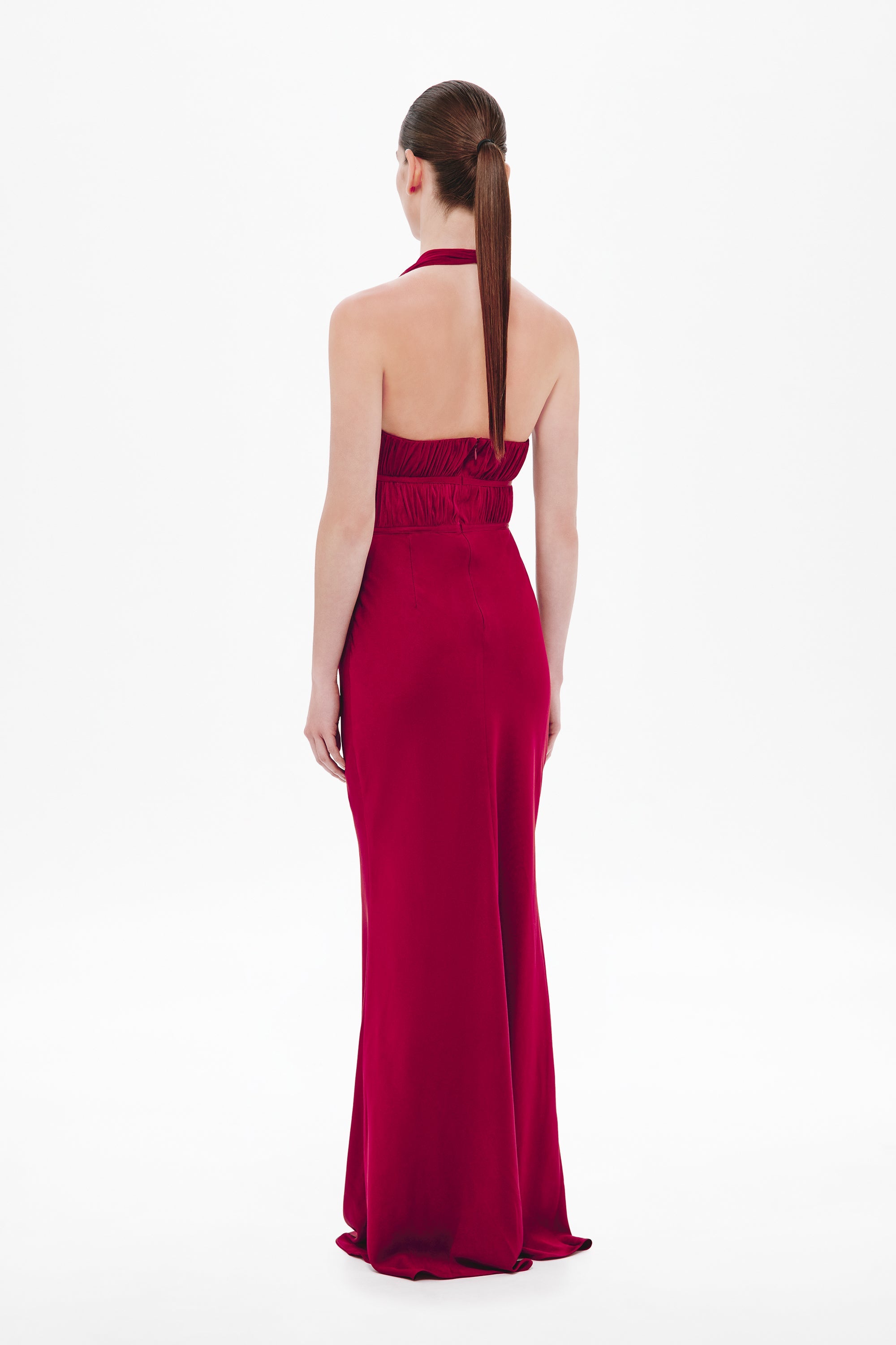 Celine satin halter maxi dress, jester red, open back with halter tie