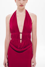 Celine satin halter dress top, jester red, ruched neckline and draped front