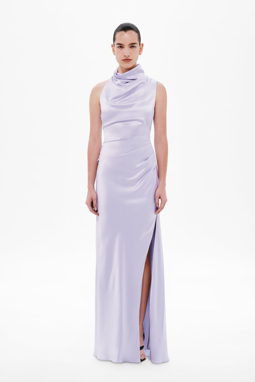 Lilac satin sleeveless maxi dress with draped cowl neckline and front slit