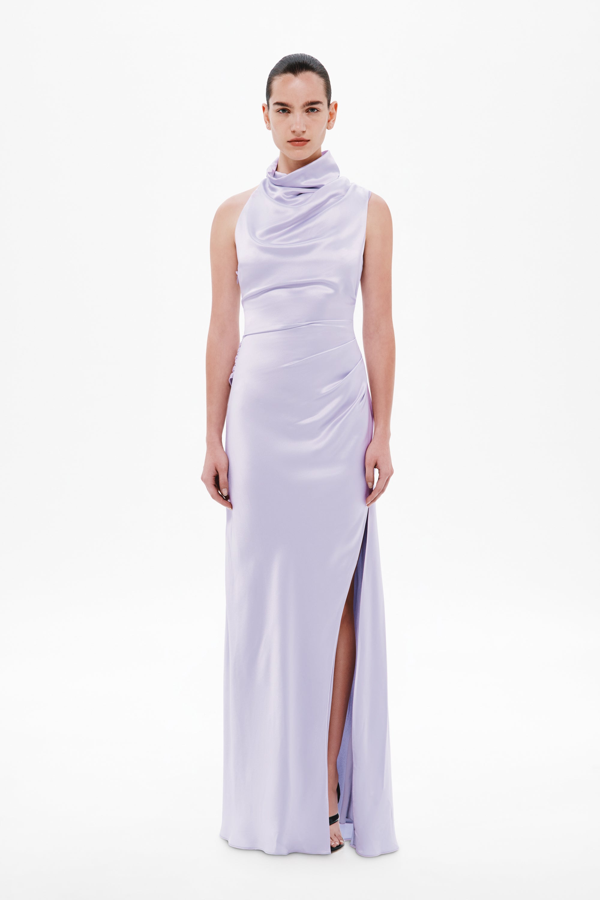 Lilac satin sleeveless maxi dress with draped cowl neckline and front slit