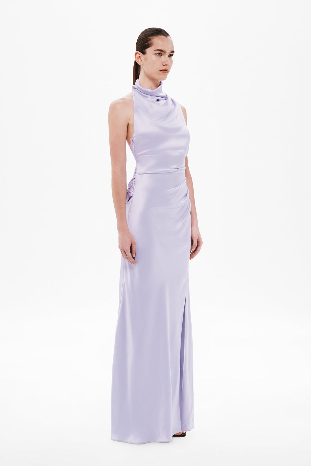 Lilac satin sleeveless maxi dress with draped cowl neckline and long side slit