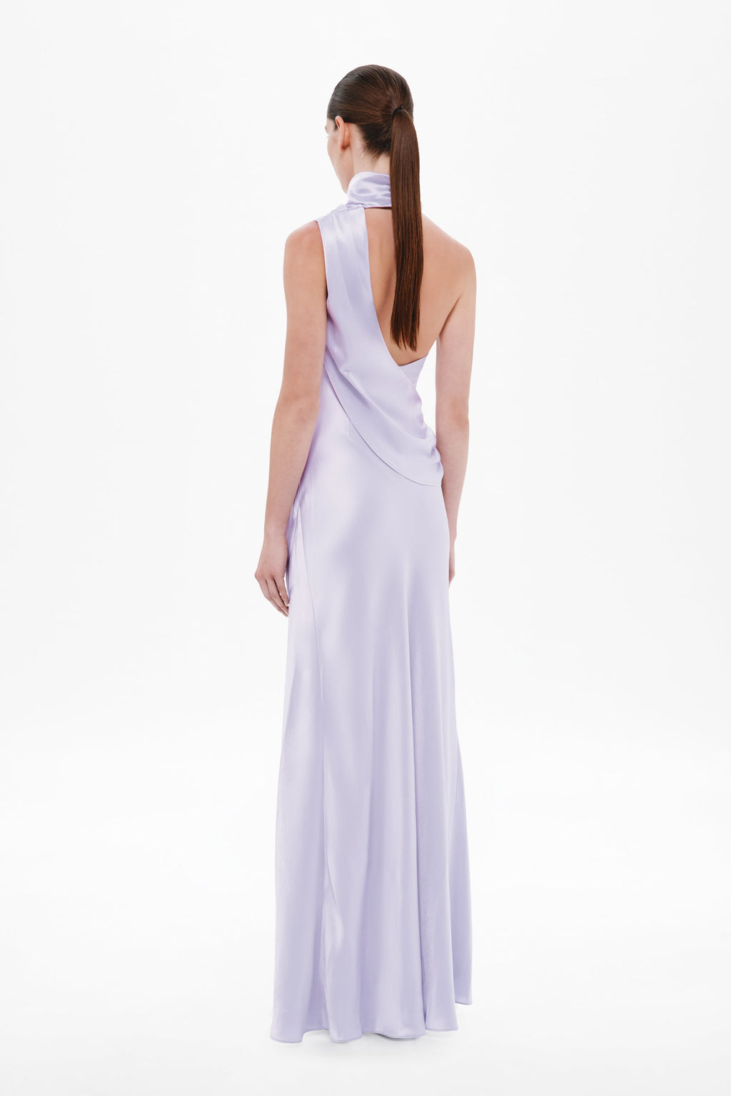 Lilac satin sleeveless maxi dress with open back and draped cowl neckline