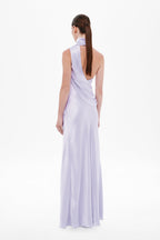 Lilac satin sleeveless maxi dress with open back and draped cowl neckline