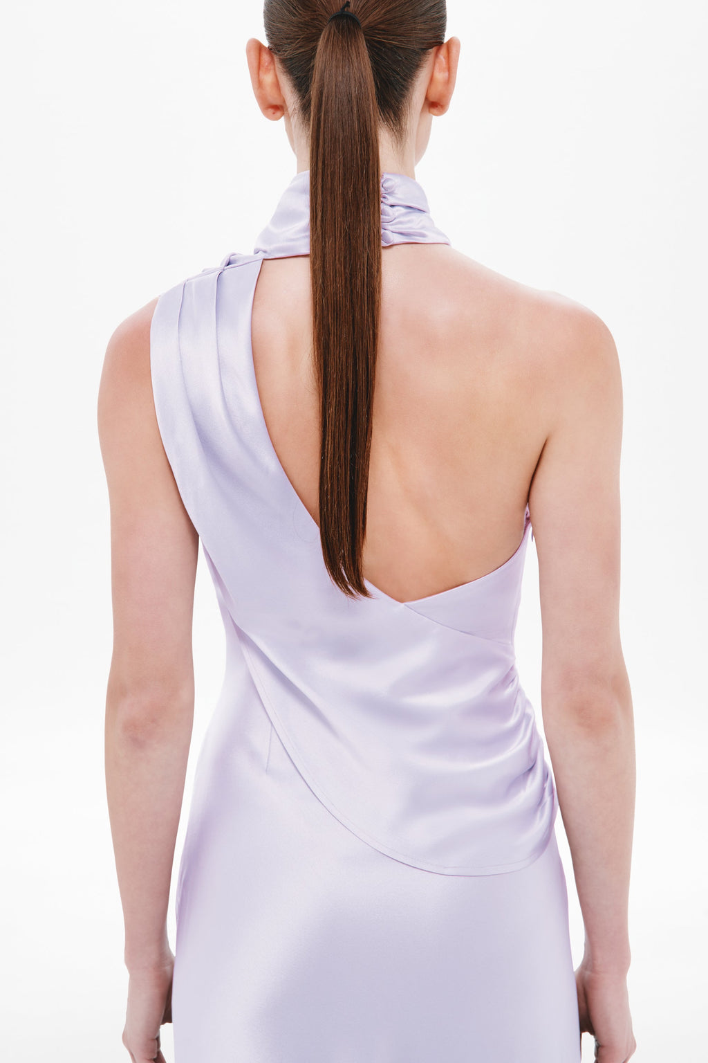 Lilac satin sleeveless dress back with open neckline and draped strap