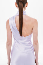 Lilac satin sleeveless dress back with open neckline and draped strap