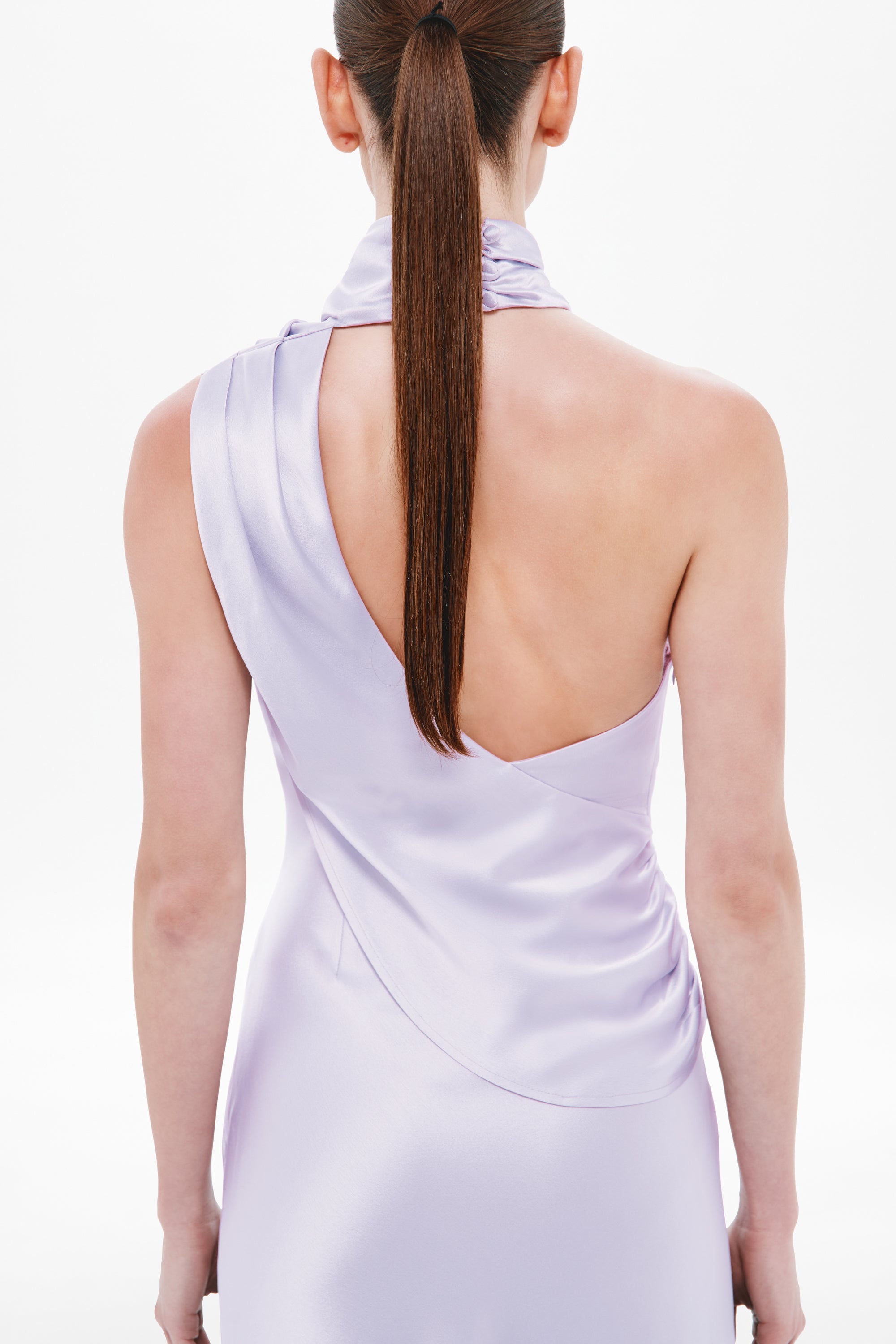 Lilac satin sleeveless dress back with open neckline and draped strap