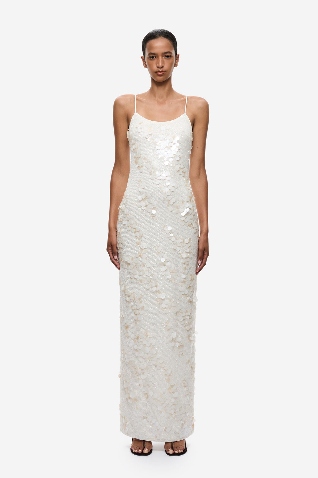 Ivory sequin maxi dress with spaghetti straps and scoop neckline