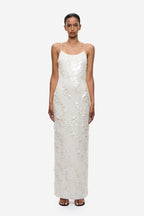 Ivory sequin maxi dress with spaghetti straps and scoop neckline
